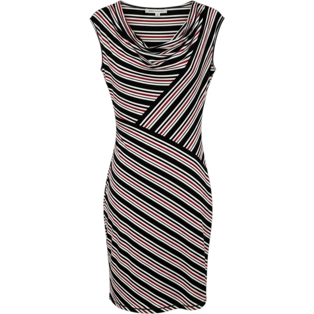 Max Studio Sheath Dress Women XS Black Red Striped Cowl Neck Ruched 2906552A